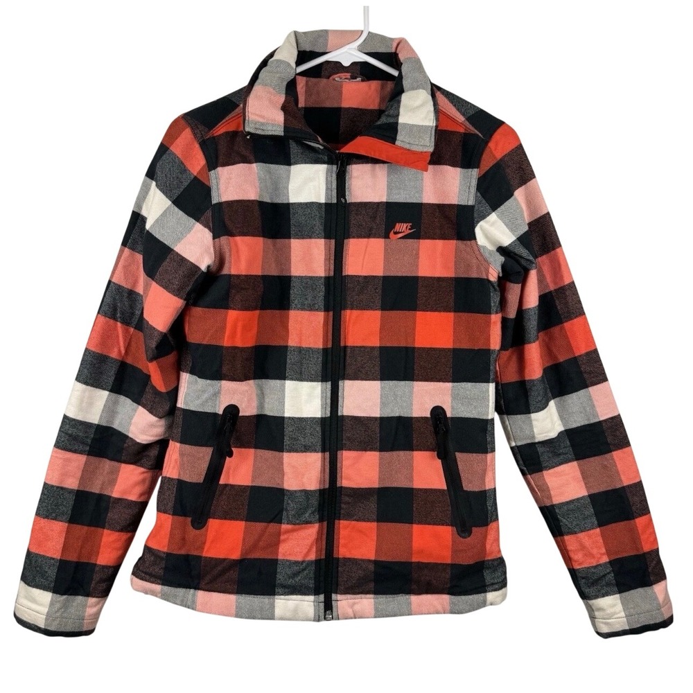 Nike Jacket Womens S Orange Black Buffalo Plaid Quilted Sample Packable Hood Zip